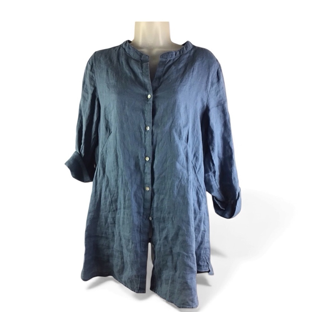 Sigrid Olsen Tunic 100% Linen in Steel Blue Button Front Lagenlook Women’s Small